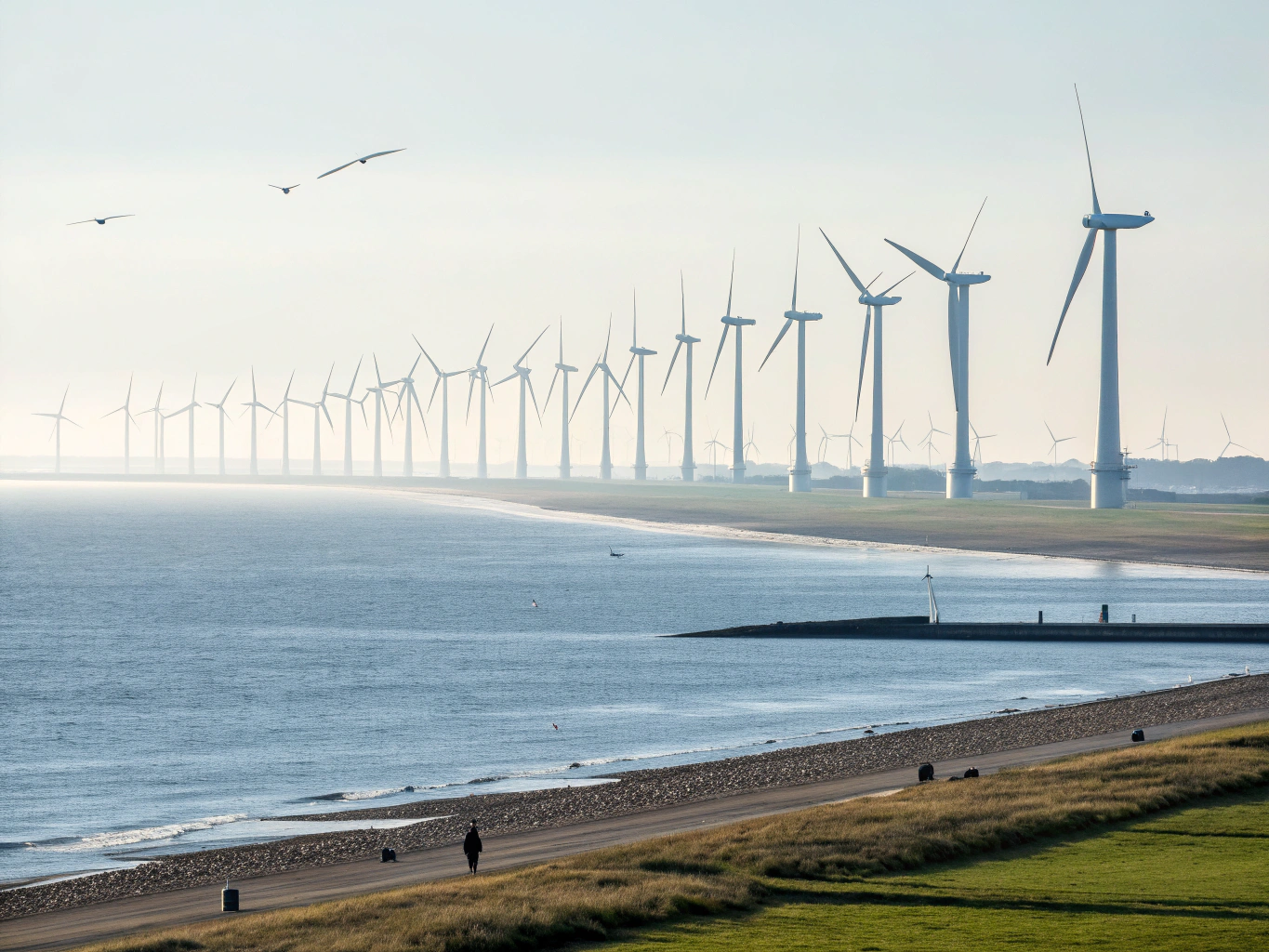 Giant white windmills aligned along the sandy coast of Bangui Bay
