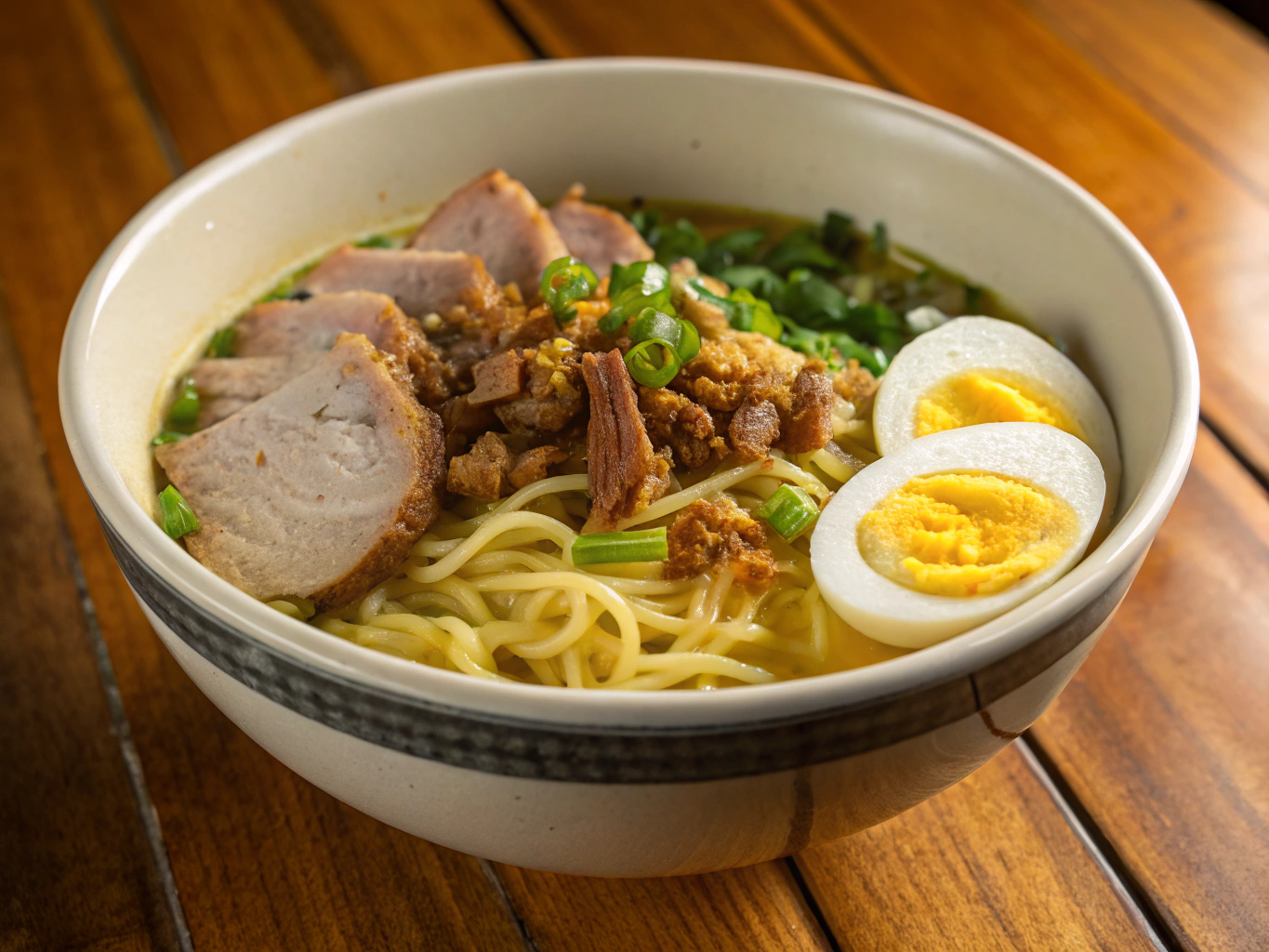 Hot bowl of authentic thick Batangas lomi noodles with toppings