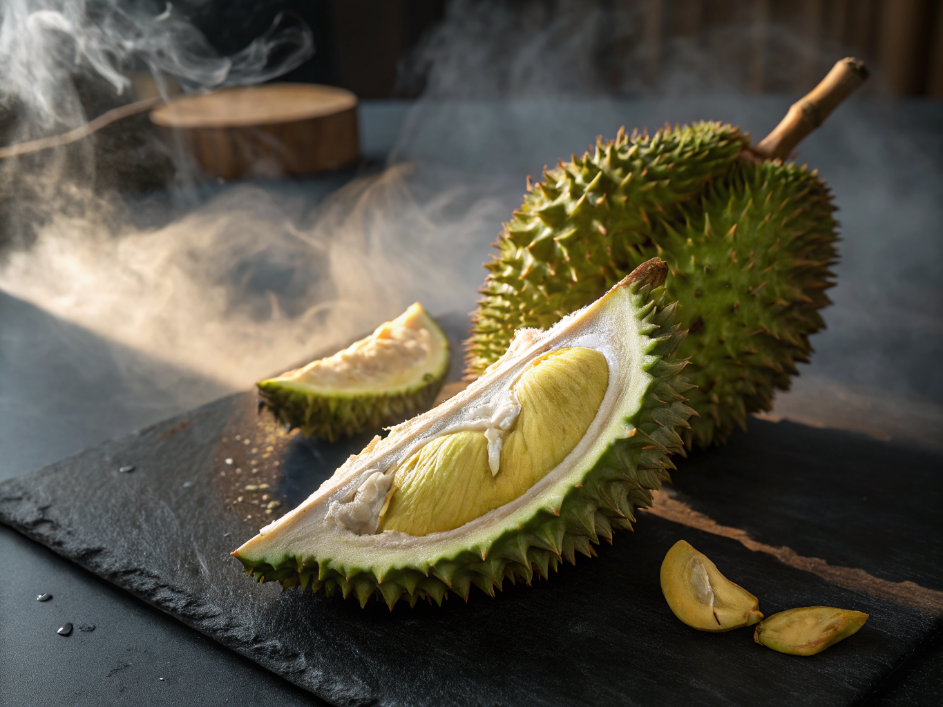 Fresh golden durian fruit split open displaying rich custard flesh in Davao