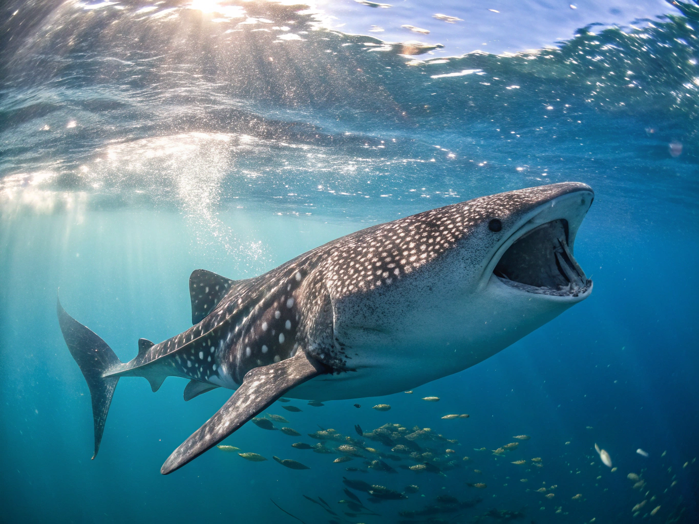 Gentle whale shark swimming near snorkelers in Oslob Cebu