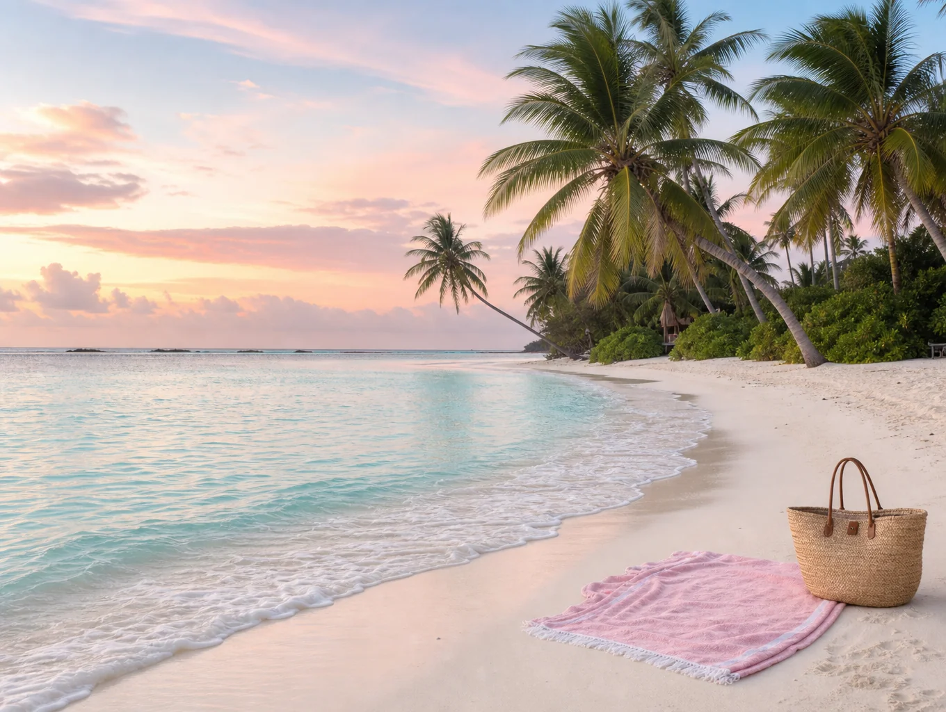 Idyllic white sand beach with turquoise water and palm trees in Palawan