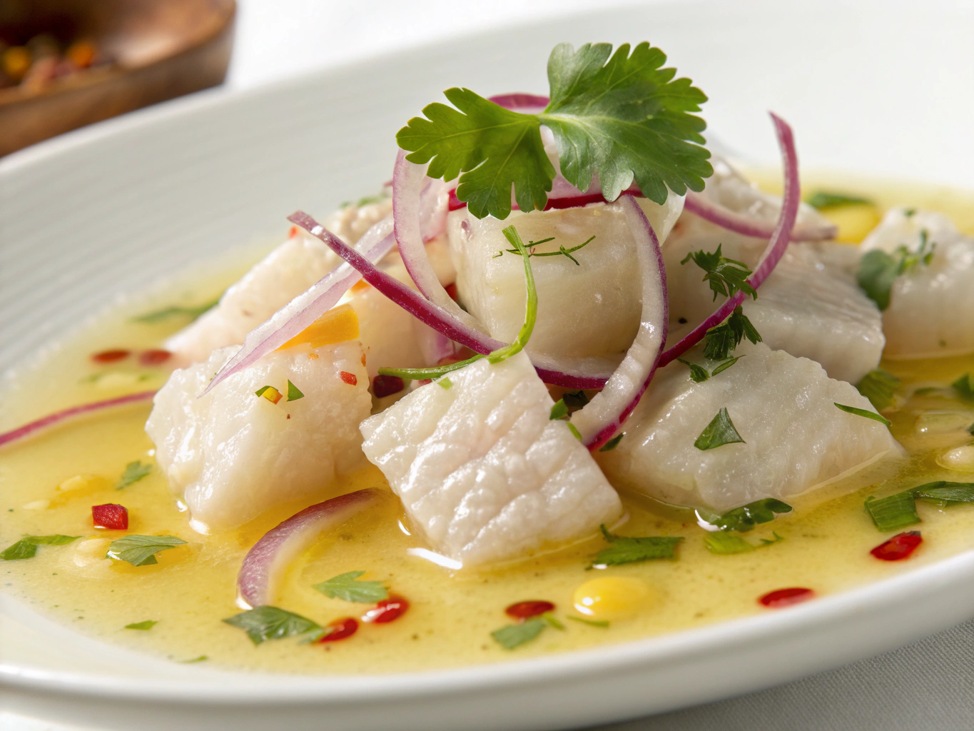 Fresh tuna kilawin ceviche garnished with chili peppers and calamansi in Davao